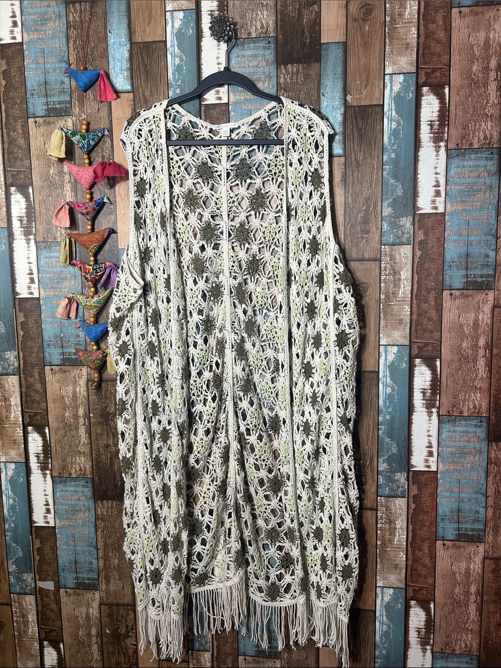Bohemian Crochet Fringe Long-Sleeve Dress Cover-Up in White and Light Green